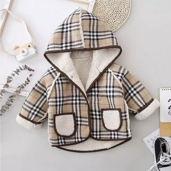 Sherpa Ivory Hooded Button Girls Reversible Coat - Picture 5 of 7